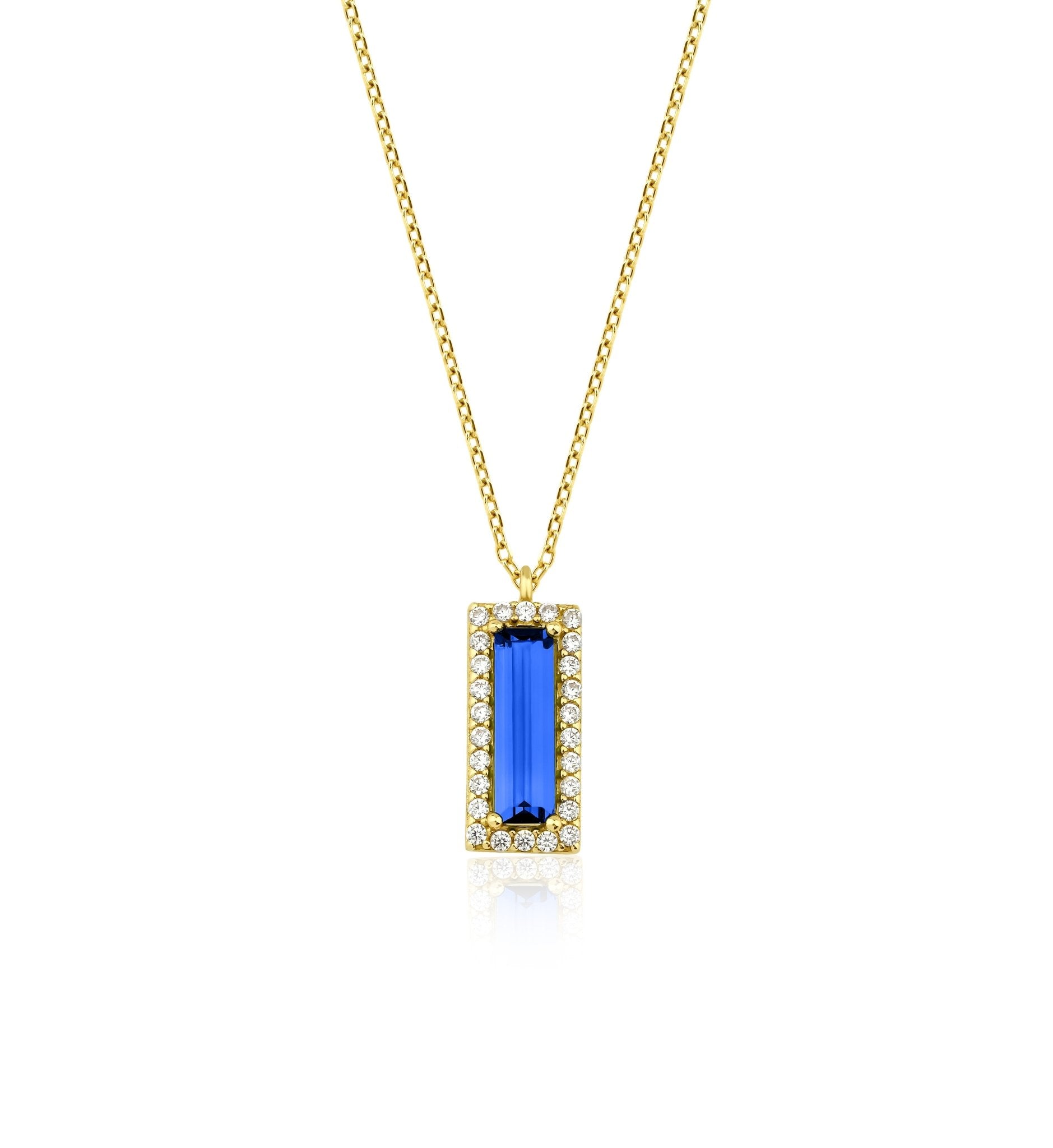 14K solid yellow gold necklace featuring a baguette sapphire pendant surrounded by CZ stones.