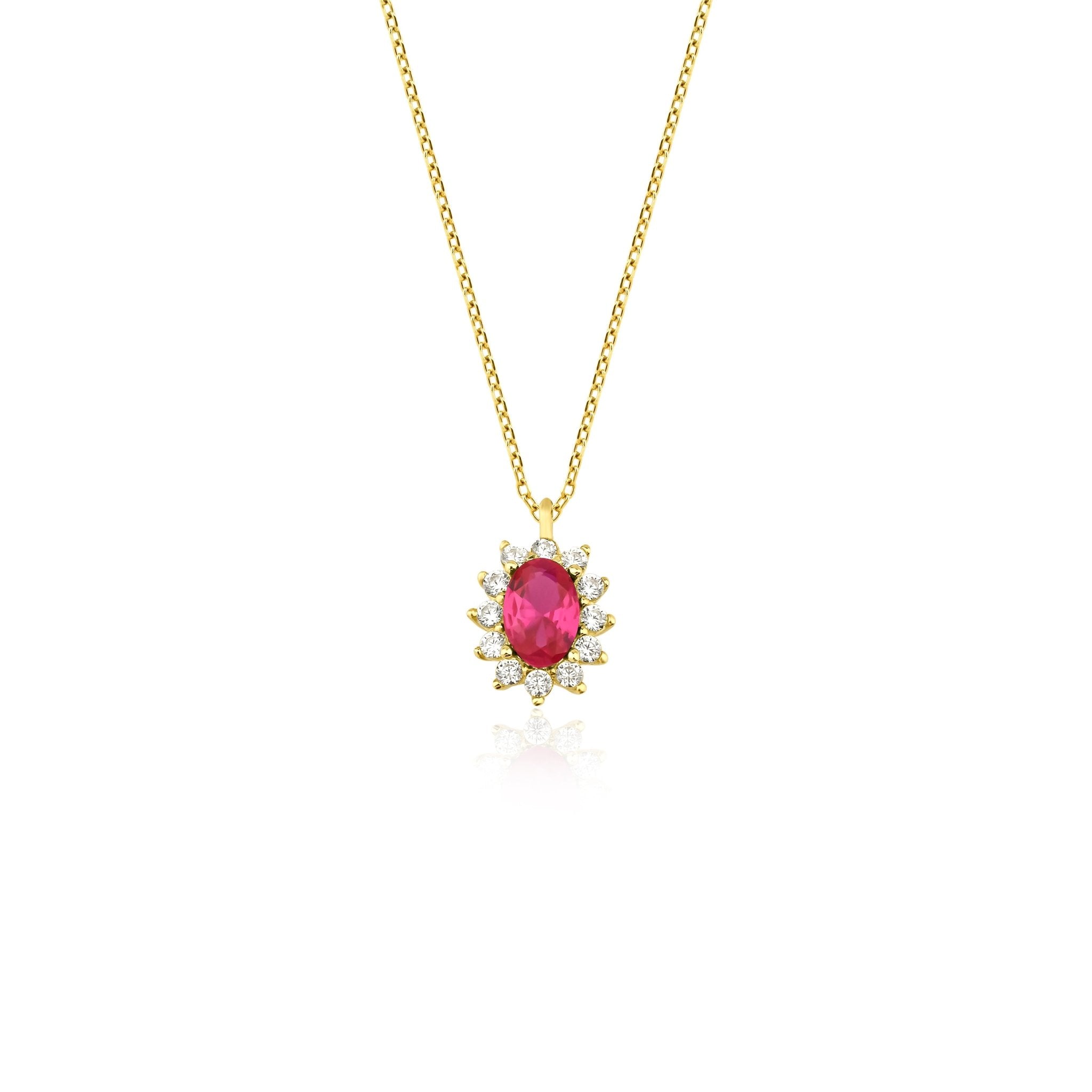 14K solid yellow gold oval ruby necklace with CZ stones, elegant and minimalist design, perfect for everyday wear.
