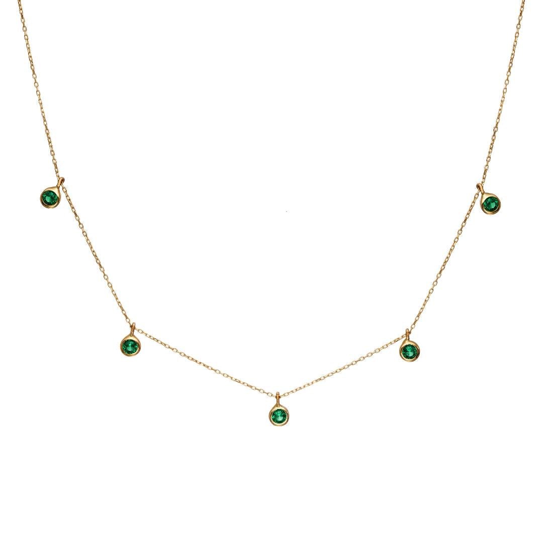 14K solid yellow gold dainty station necklace featuring lab-created emeralds, perfect for everyday elegance.