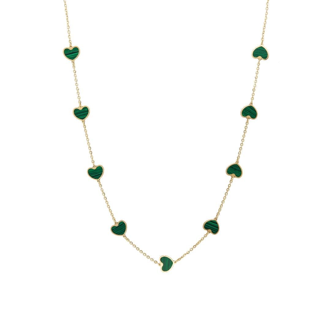 14K solid yellow gold necklace with malachite heart stations, delicate and classy, perfect for everyday wear.