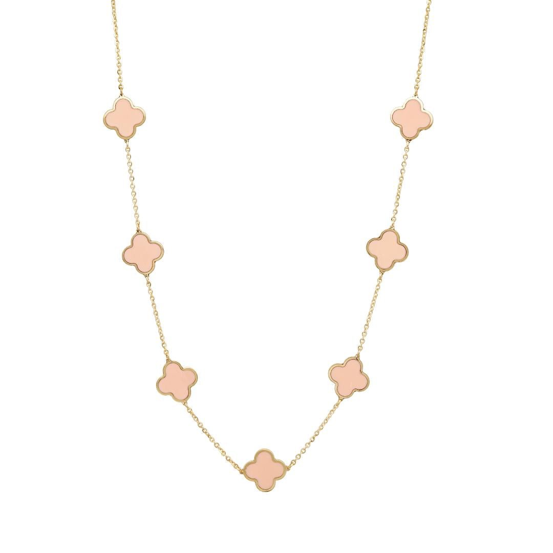 14K solid yellow gold necklace with pink clover stations, 16-18 inches, elegant and dainty design.