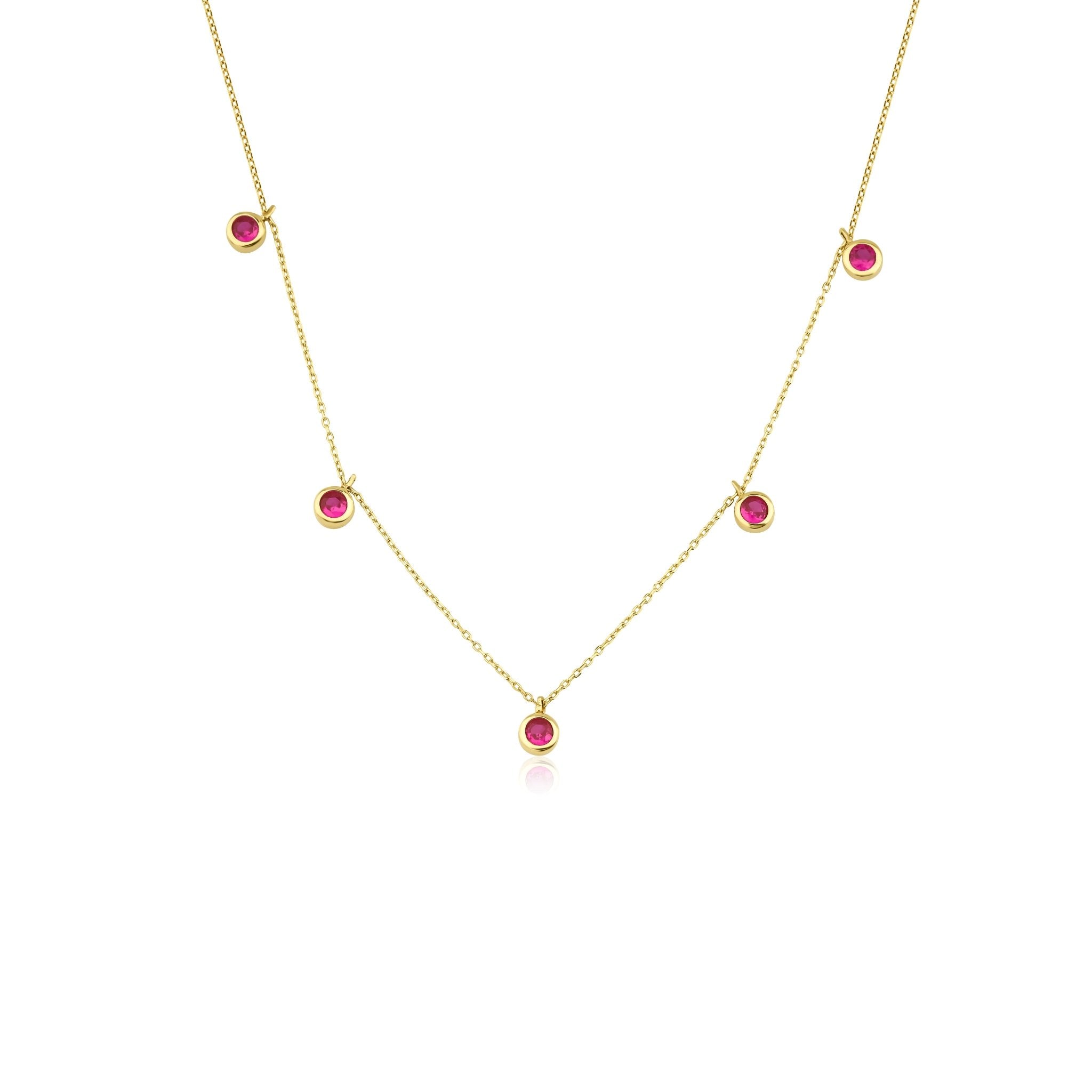 14K solid yellow gold station ruby necklace featuring five lab-created rubies, 17 inches long, perfect for everyday wear.