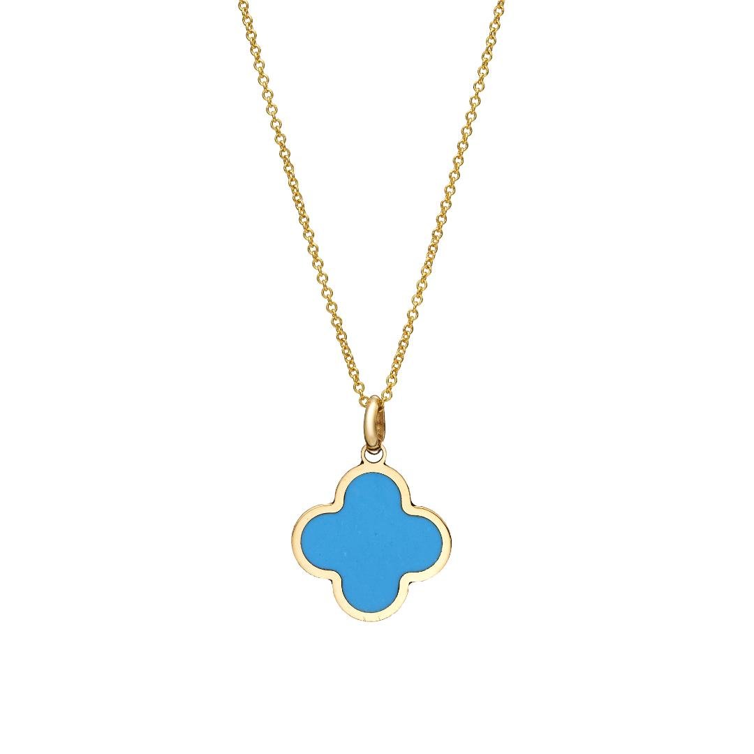 14K solid yellow gold clover pendant necklace with turquoise, delicate design, perfect for everyday wear.
