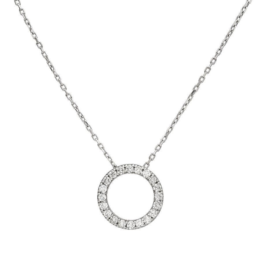 14K white gold circle necklace with 0.35 carat diamonds, 11.5mm diameter pendant, 16 inch chain, stunning sparkle.