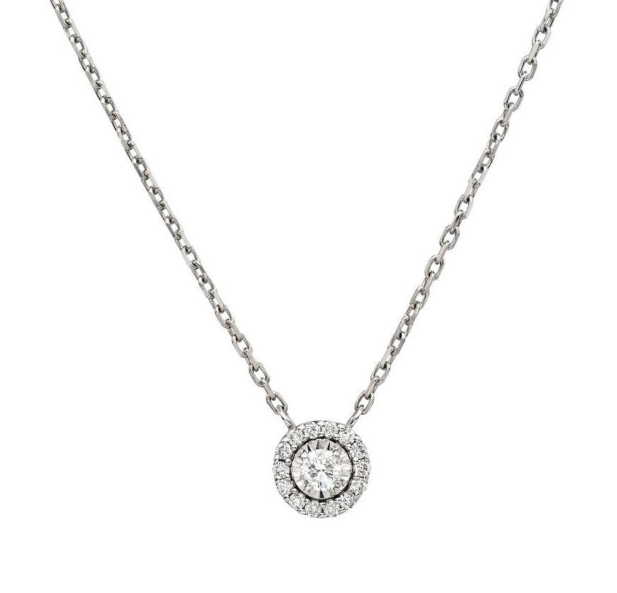 14K white gold diamond solitaire necklace featuring a 0.35 carat natural diamond pendant, 16 inches long with sparkling accents.