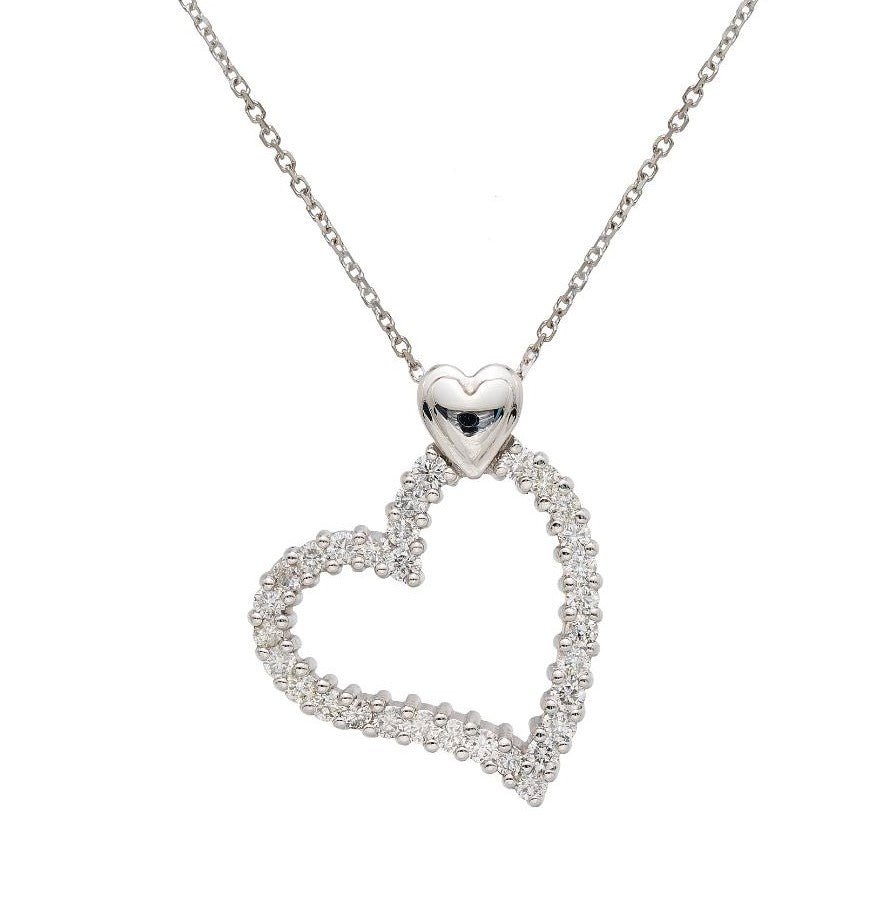 14K white gold heart diamond necklace with 0.85 carats of natural diamonds, featuring a sparkling heart design.