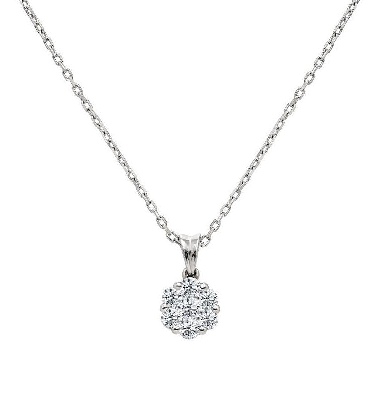 14K white gold diamond cluster necklace with 0.21 carat diamonds, 16-inch chain, and 6mm pendant, showcasing brilliant sparkle.