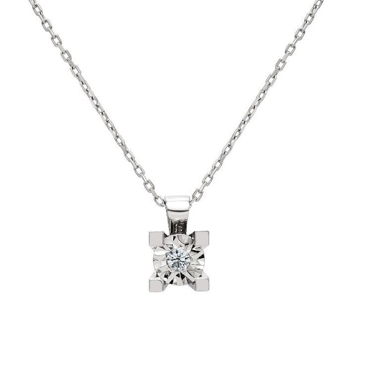 14K white gold diamond solitaire necklace with 0.04 carat diamond, 18-inch chain, perfect for elegant occasions.