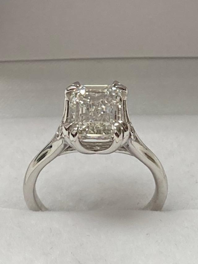 14K white gold emerald cut diamond engagement ring with 3ct lab grown diamond, shiny finish, size 4-9.