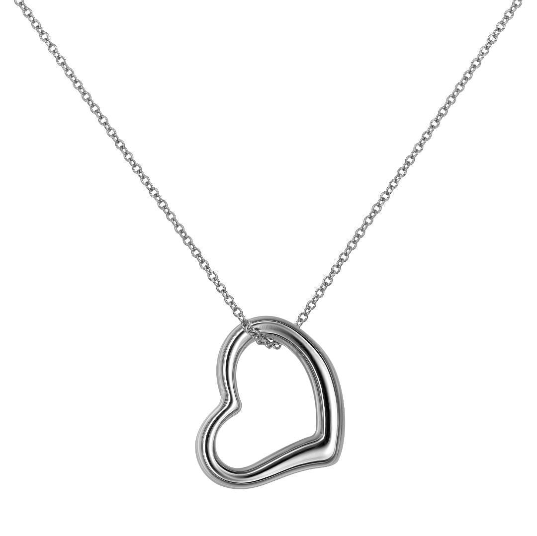 14K white gold open heart necklace with a delicate and dainty design, perfect for everyday wear, comes in a gift box.