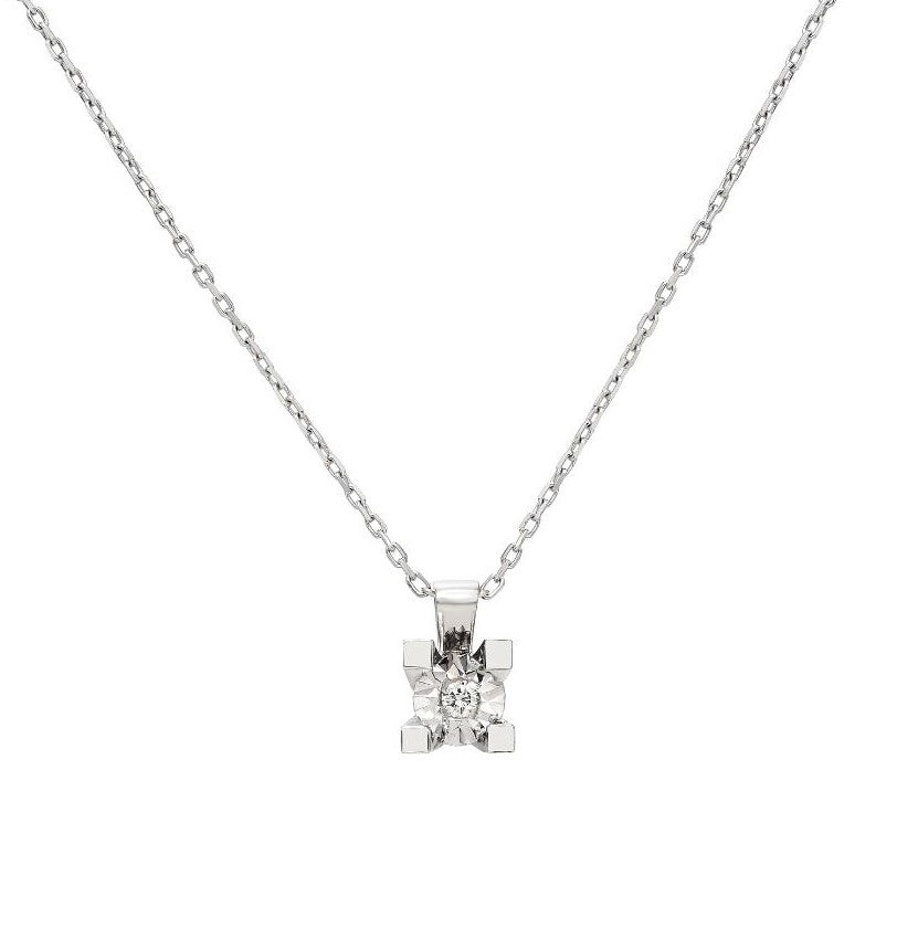 14K white gold minimalist diamond solitaire necklace with 5mm pendant and 0.04 carat sparkling diamond, 17 inches long.