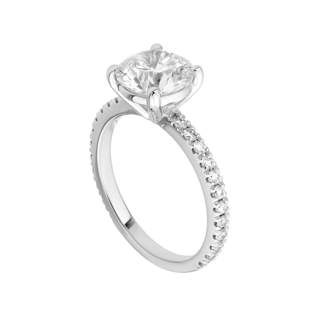 14K white gold round cut lab diamond engagement ring with 24 side diamonds, IGI certified, shiny finish.