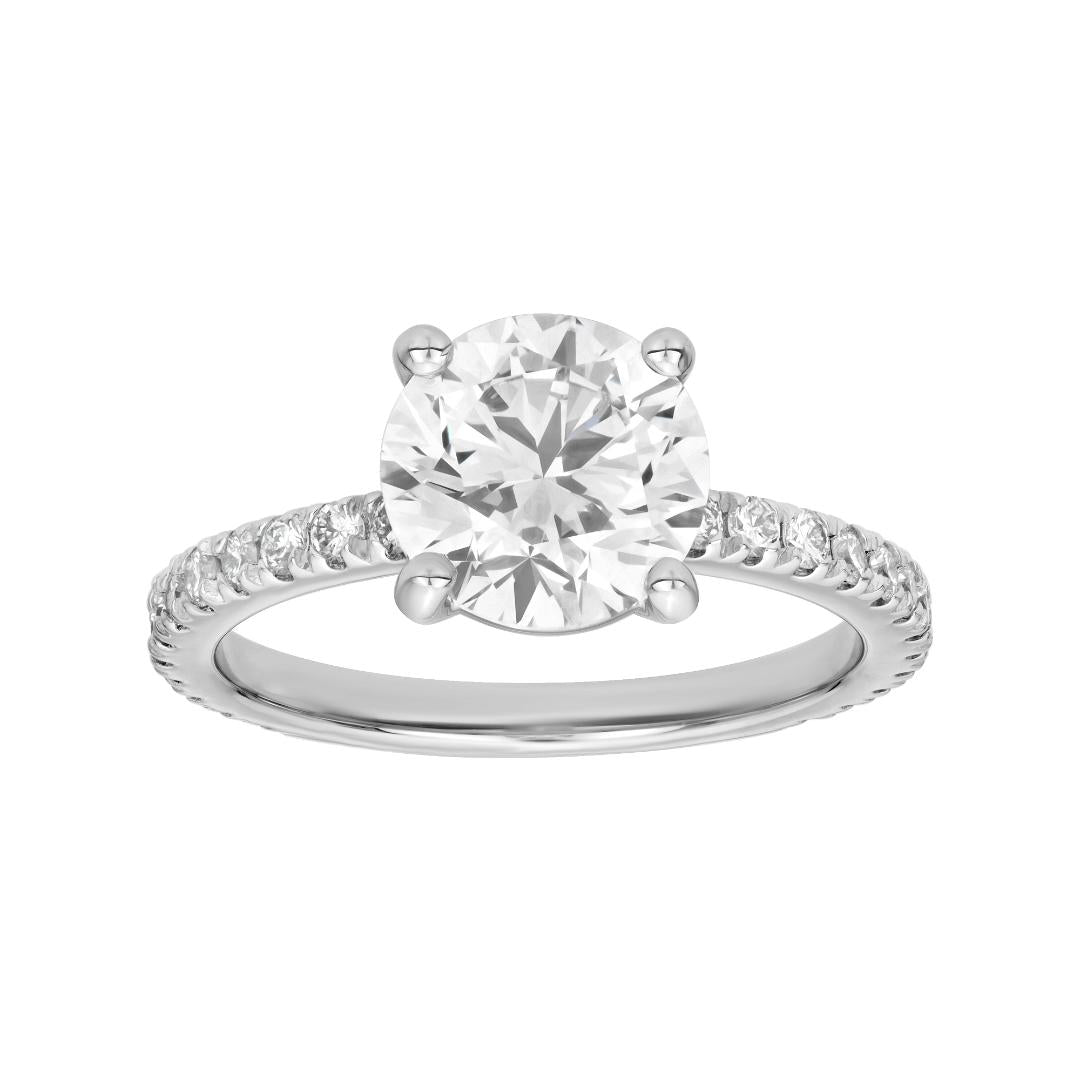14K white gold round cut lab diamond engagement ring with side diamonds, IGI certified, shiny finish, sizes 4-9.