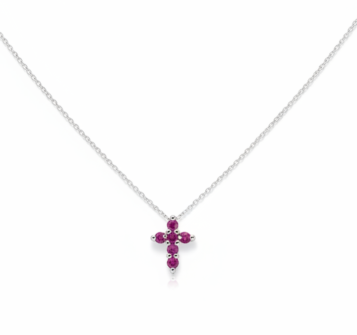 14K White Gold Ruby Cross Necklace