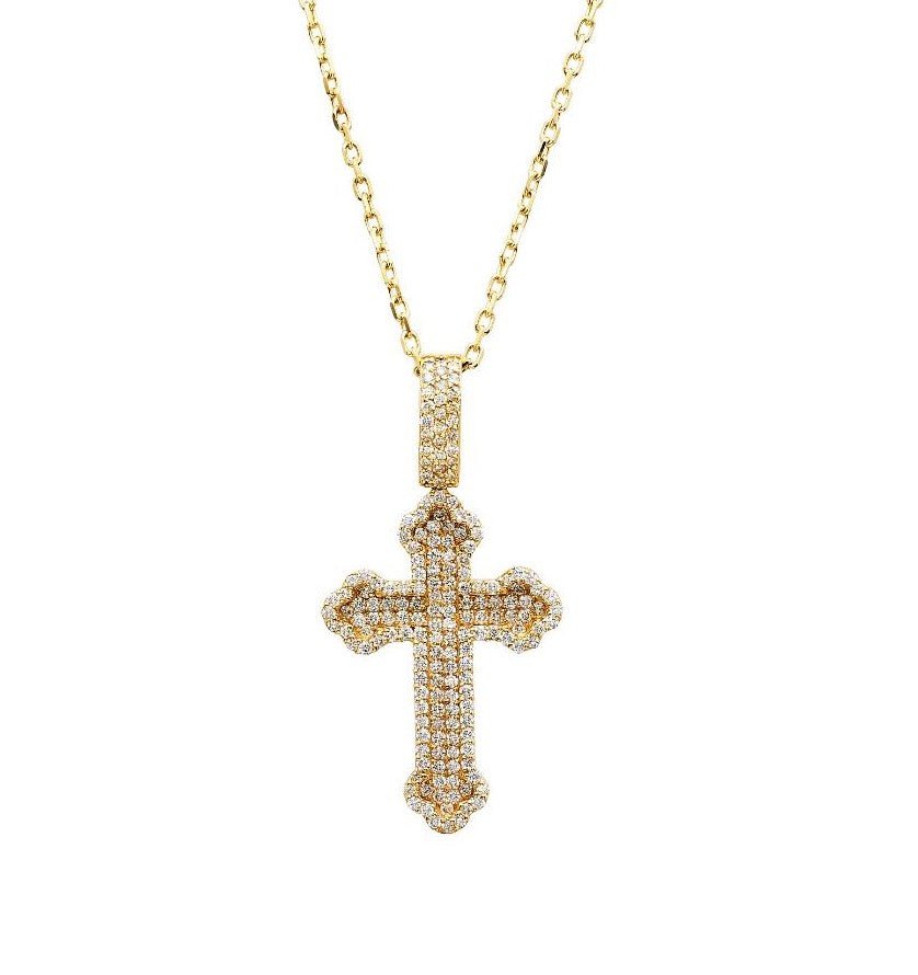 14K yellow gold diamond cross necklace showcasing 0.80 carat natural diamonds with G color SI clarity, 42mm height.
