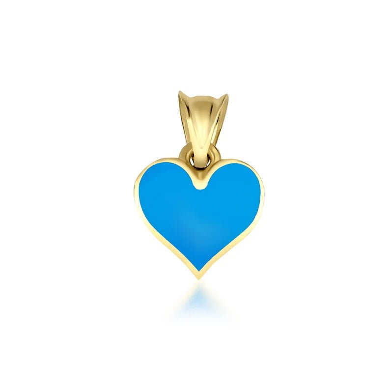 14K yellow gold heart pendant with blue enamel, elegant and dainty necklace charm, perfect for daily wear.