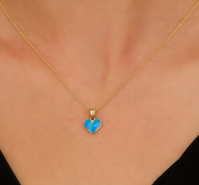 14K yellow gold necklace featuring a dainty blue enamel heart pendant, perfect for everyday wear.