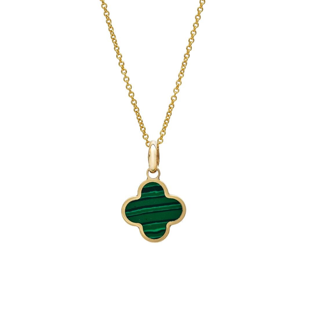 14K yellow gold clover necklace featuring a malachite pendant, dainty and perfect for everyday wear.