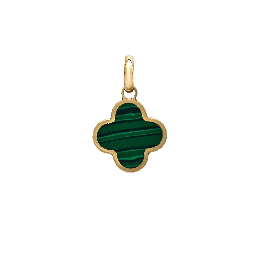 14K yellow gold clover pendant featuring malachite, dainty necklace perfect for everyday wear.