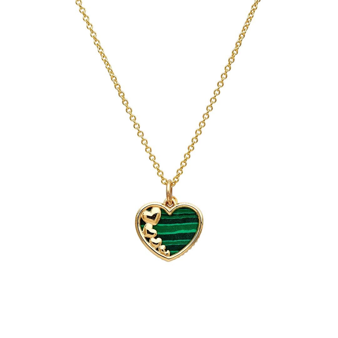 14K yellow gold malachite heart necklace with green striped pendant, 11.5mm, 2.2g, perfect for jewelry lovers.