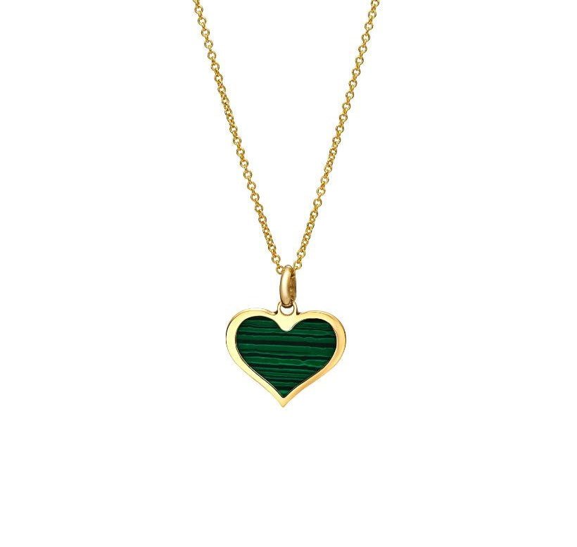 14K yellow gold malachite heart pendant necklace, delicate design perfect for everyday wear, measures 14mm x 12mm.