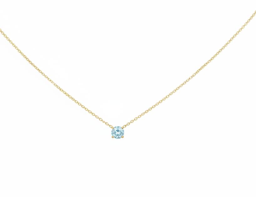 Collier aigue-marine solitaire serti griffes 5 mm en or jaune 14 carats