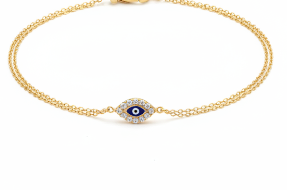 Bracelet minimaliste en forme d'œil en or jaune 14 carats contre le mauvais œil
