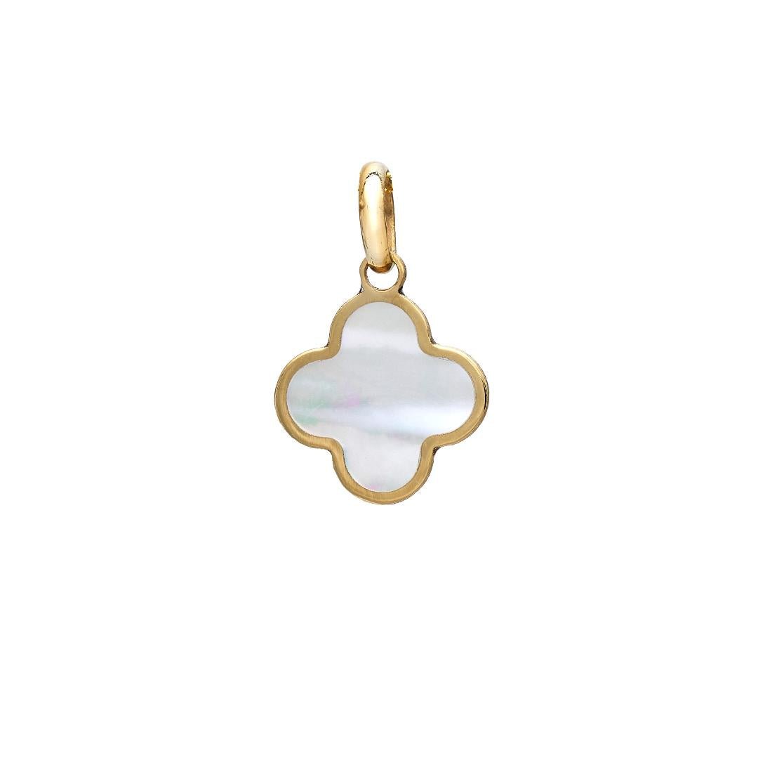 14K yellow gold clover pendant with mother of pearl inlay, dainty and elegant necklace for everyday wear.