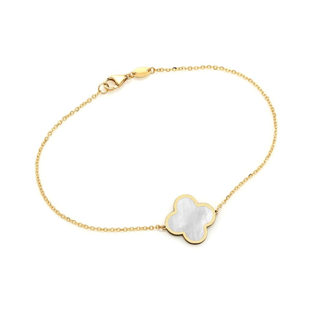 14K solid yellow gold bracelet featuring a mother of pearl four leaf clover design, 7 inches long with a lobster clasp.