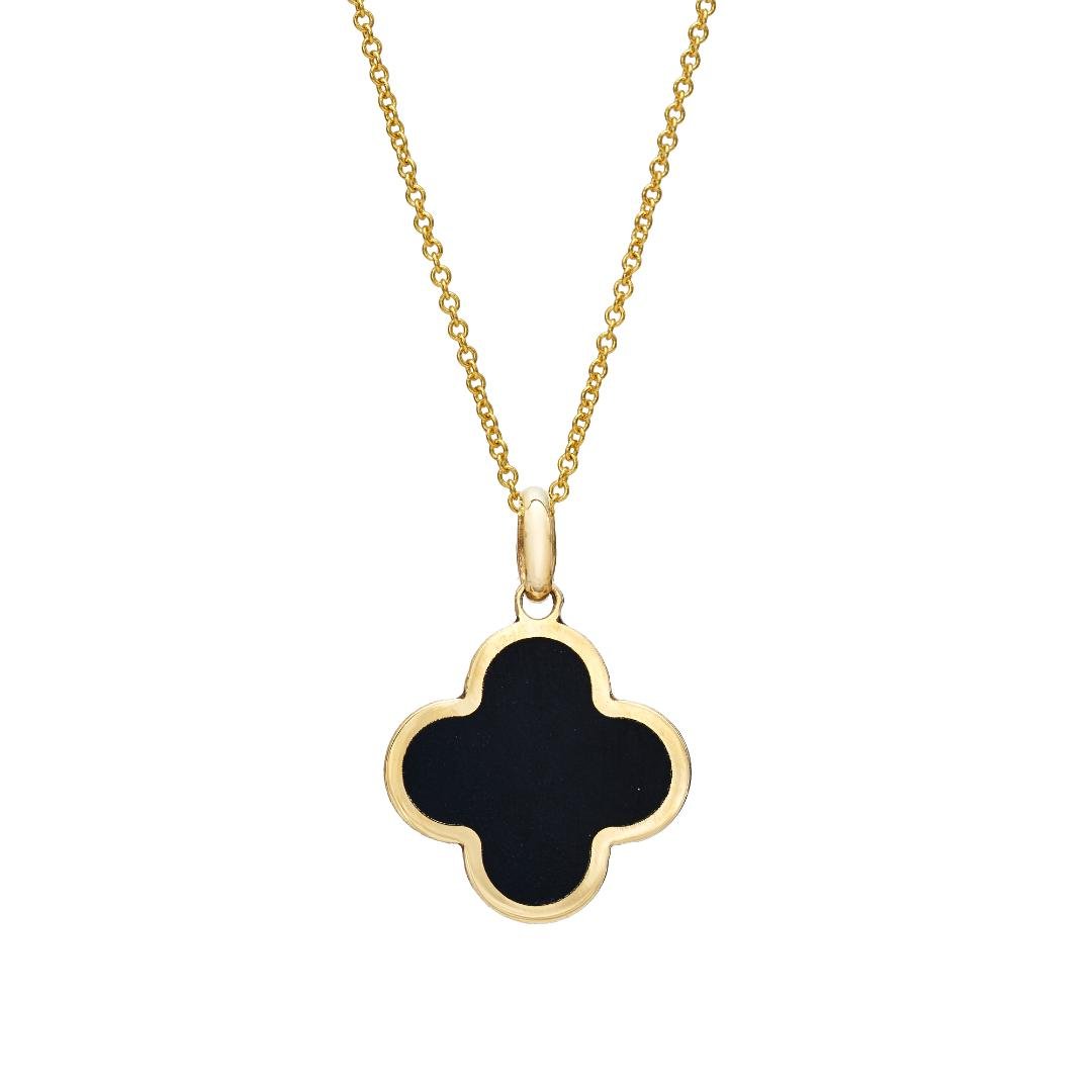 14K yellow gold onyx clover pendant necklace, dainty and elegant design, perfect for everyday wear.