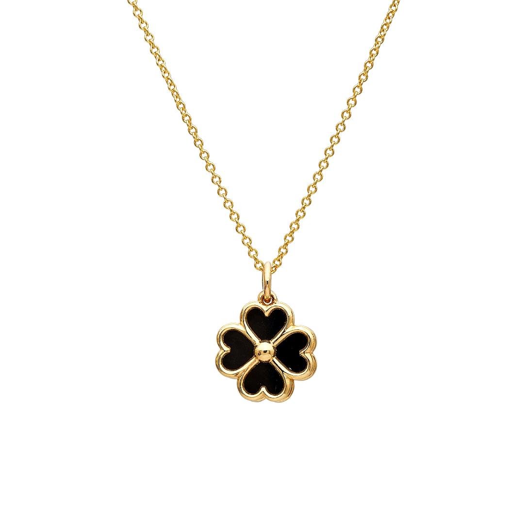14K yellow gold onyx four leaf clover necklace with delicate chain, pendant size 11.5mm, elegant and lucky jewelry.