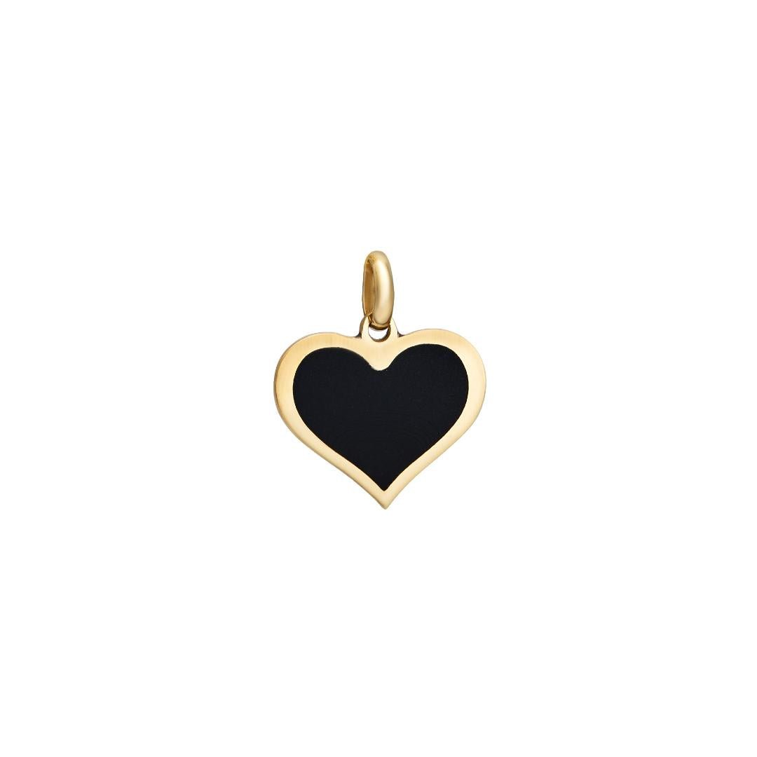 14K yellow gold flat onyx heart pendant, 14mm width and 12mm length, perfect for everyday wear.