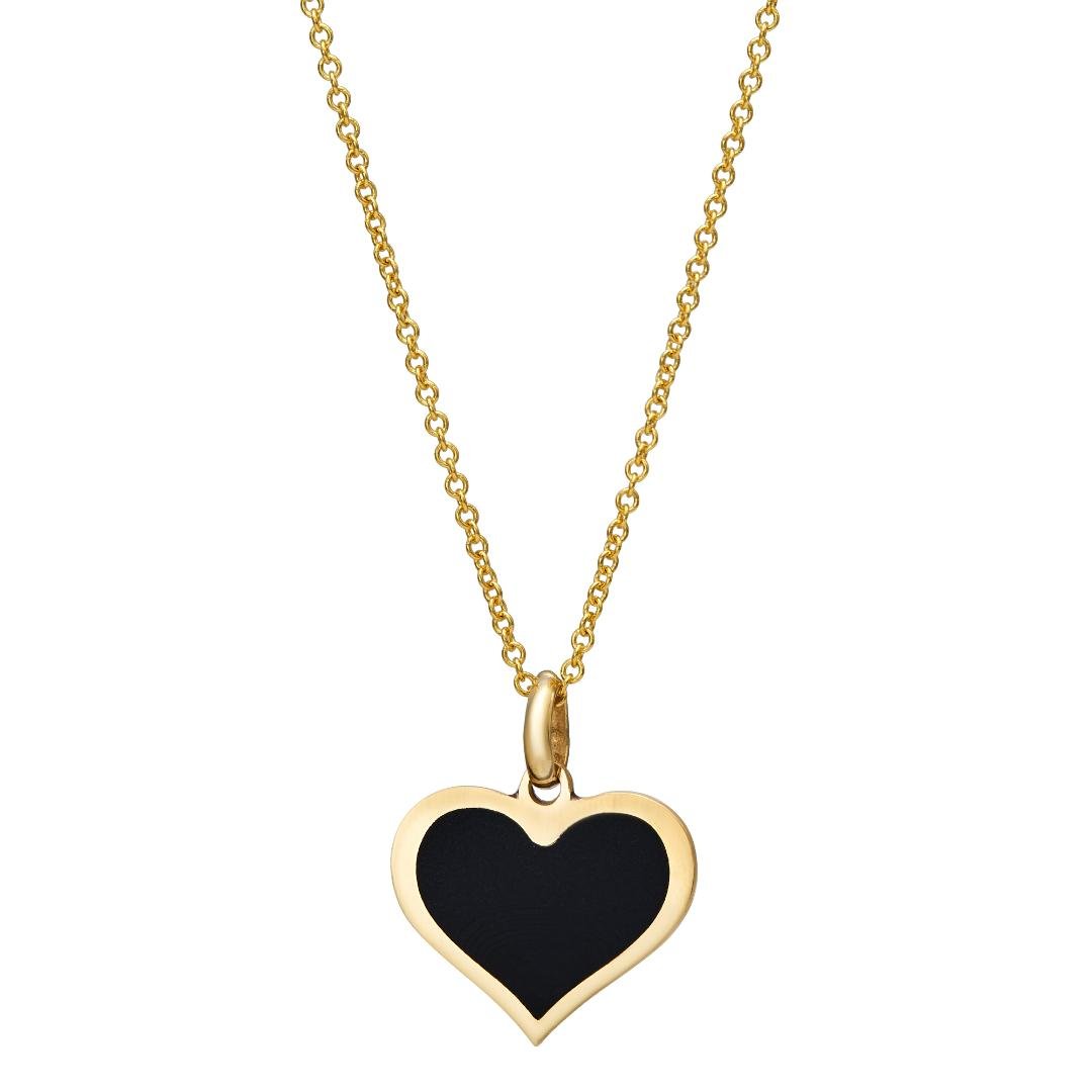 14K yellow gold onyx heart pendant necklace, 14mm width, 12mm length, perfect for everyday wear.