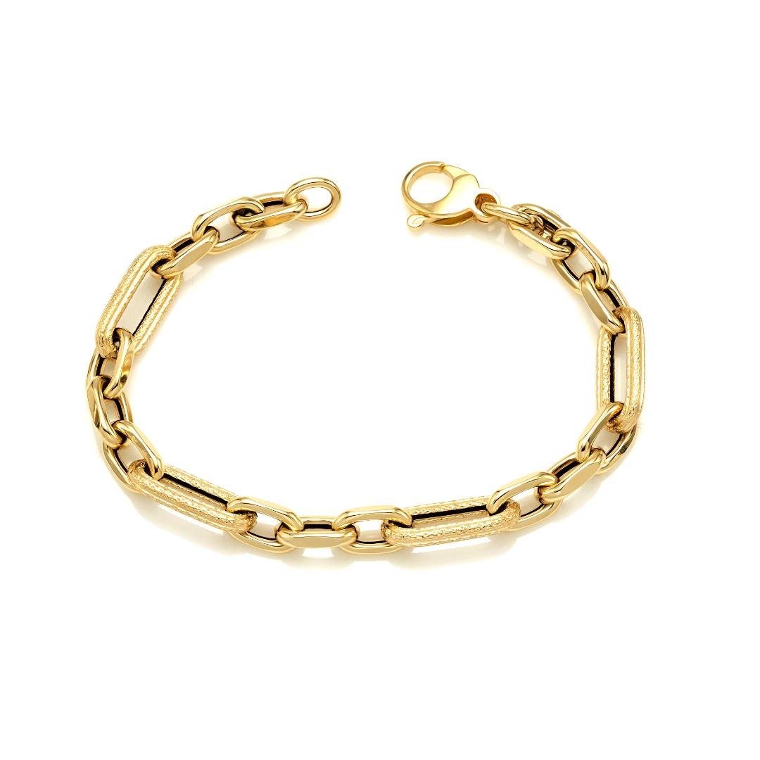 14K yellow gold paperclip bracelet with rolo links, elegant design, 7 inches long, presented in a gift box.