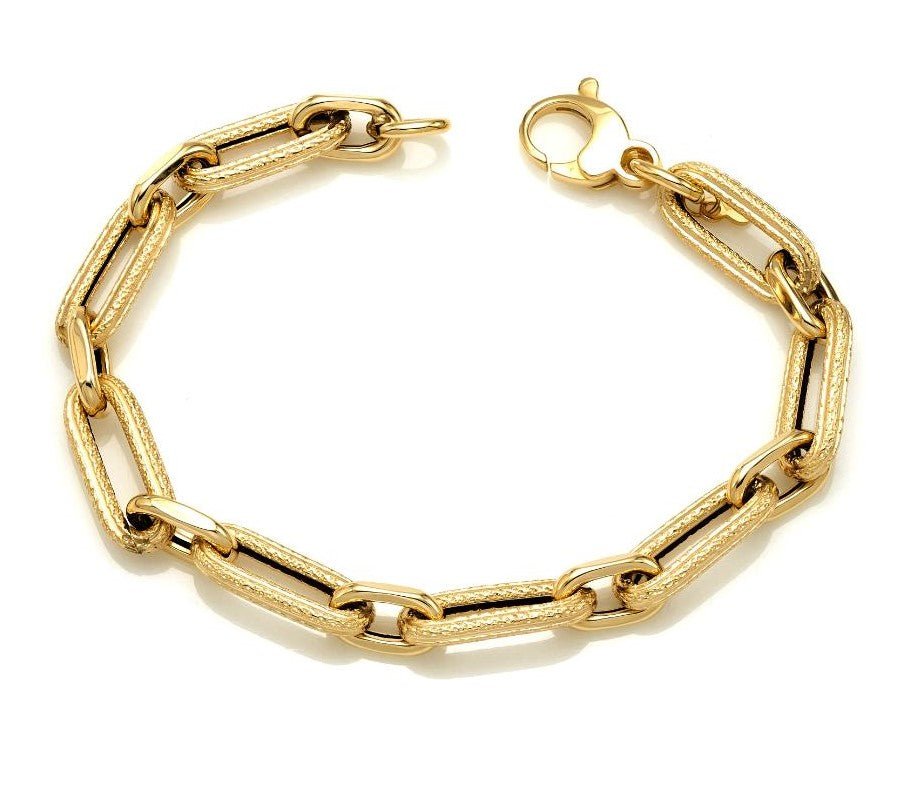 14K yellow gold paperclip rolo link bracelet, 7 inches long, beautifully crafted with a lobster clasp.