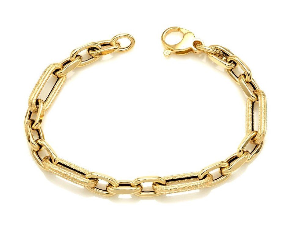 14K yellow gold paperclip rolo link bracelet with lobster clasp, 7 inches long, presented in a gift box.