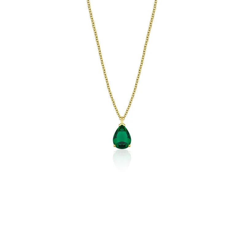 14K yellow gold pear-shaped emerald necklace with a delicate chain, perfect for everyday wear.
