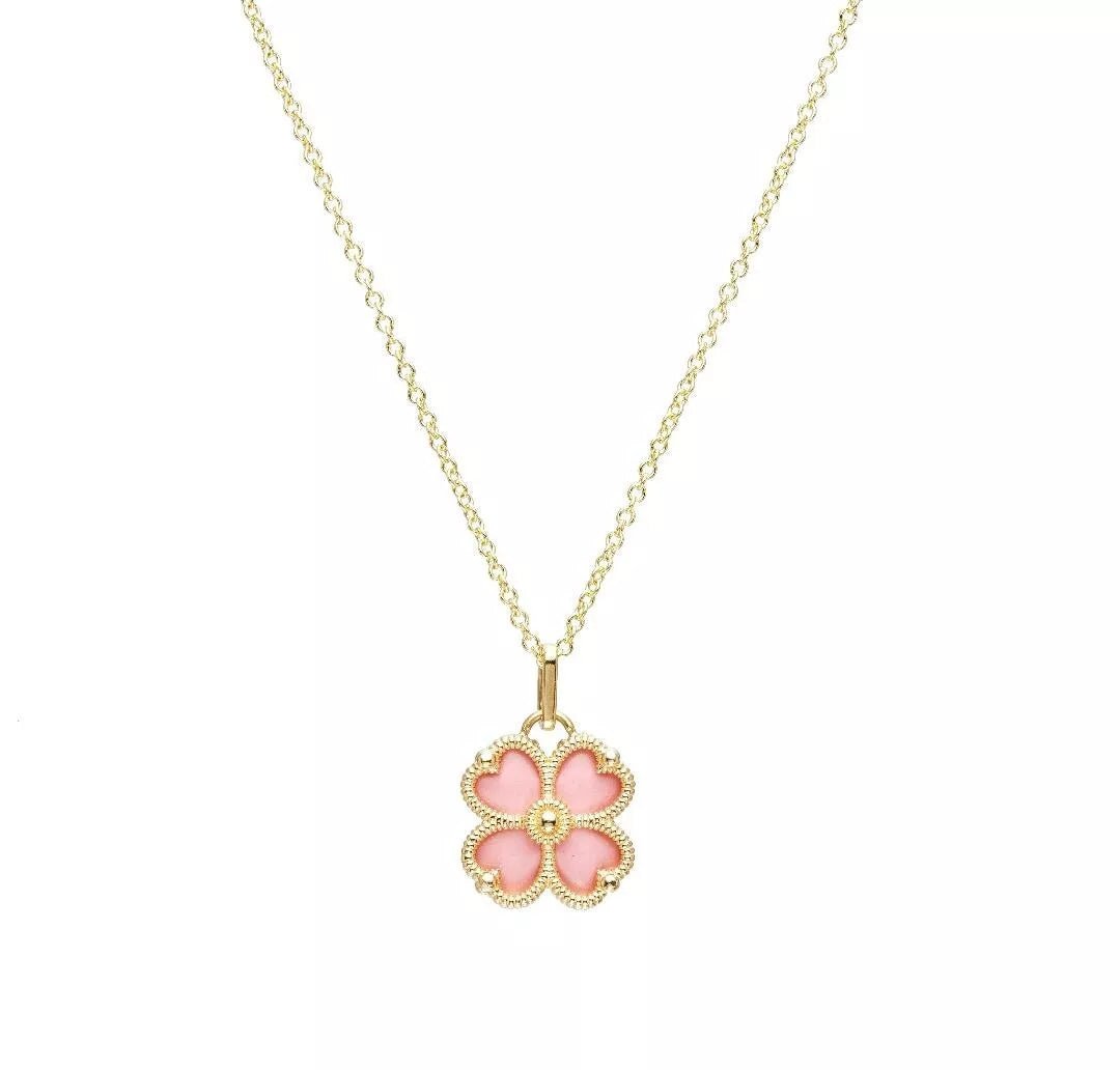14K Yellow Gold Pink Four Leaf Clover Necklace with enamel pendant, perfect for everyday wear, elegant gift box included.