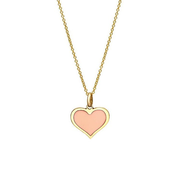 14K yellow gold pink heart pendant necklace, delicate and classy design, perfect for everyday wear.