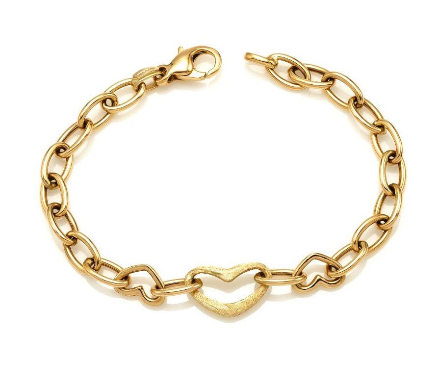 14K yellow gold rolo chain bracelet with heart charm, 7 inches long, elegant gift box included, perfect for any occasion.