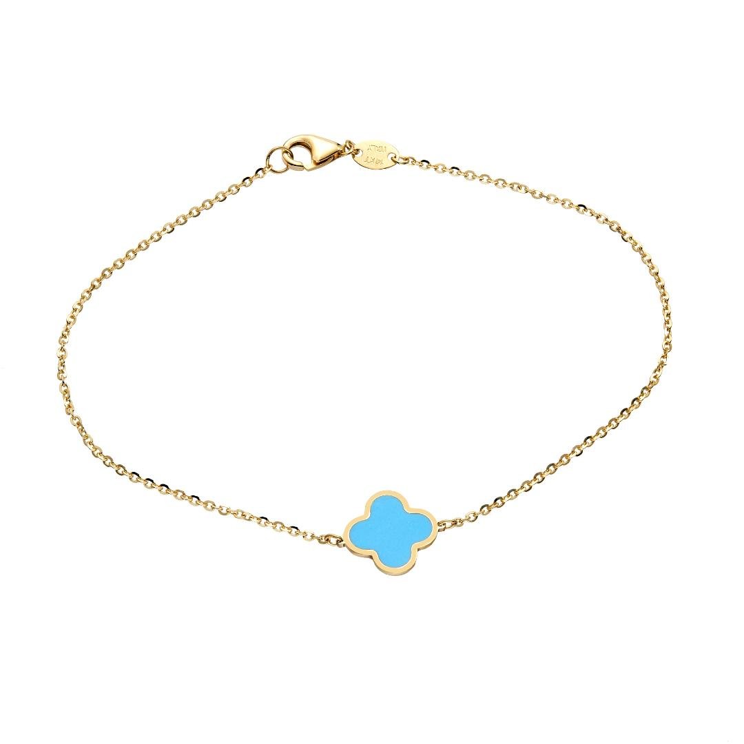 14K solid yellow gold four leaf clover bracelet with turquoise charm, 7-inch chain, lobster claw clasp, gift box included.