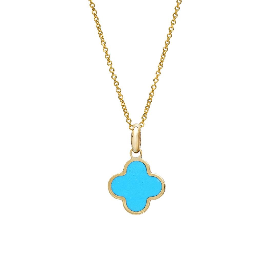 14K yellow gold clover pendant necklace with turquoise feature, elegant and dainty design for everyday wear.