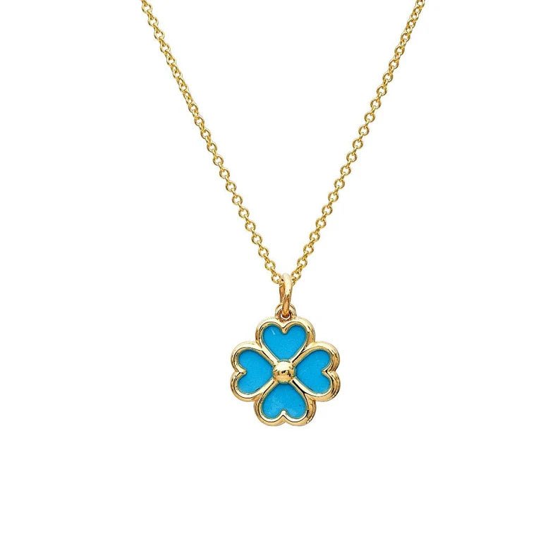 14K yellow gold turquoise four leaf clover pendant necklace, elegant and dainty jewelry for everyday wear.