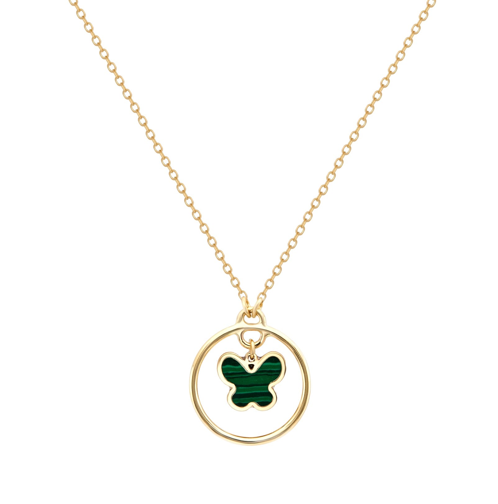 14K Solid Yellow Gold Minimalist Malachite Butterfly Necklace