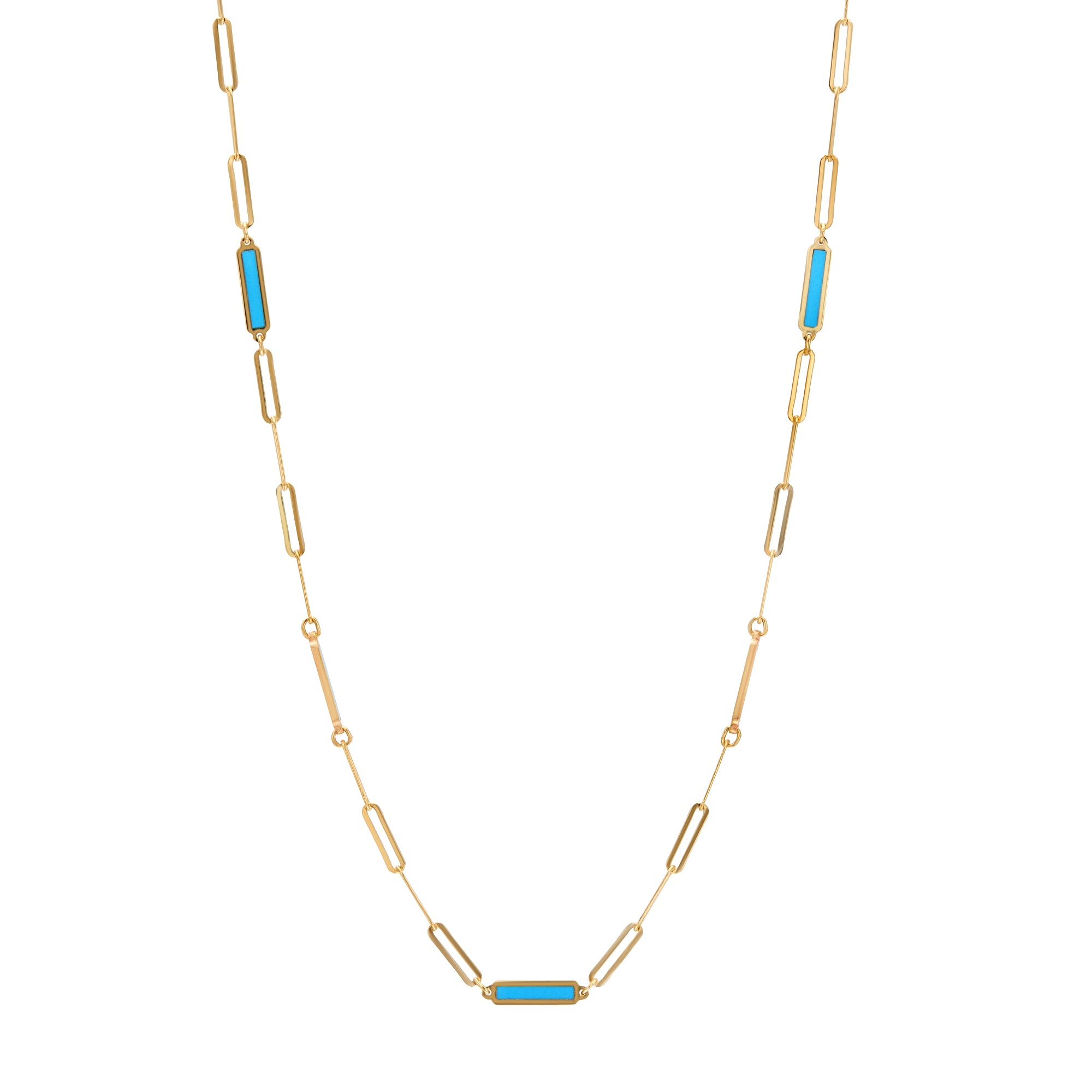 14K Solid Yellow Gold Station Turquoise Bar Necklace