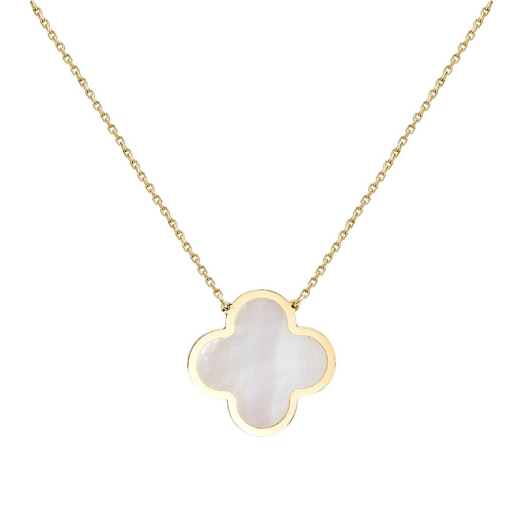 14K Yellow Gold Large Single Mother of Pearl Clover Necklace