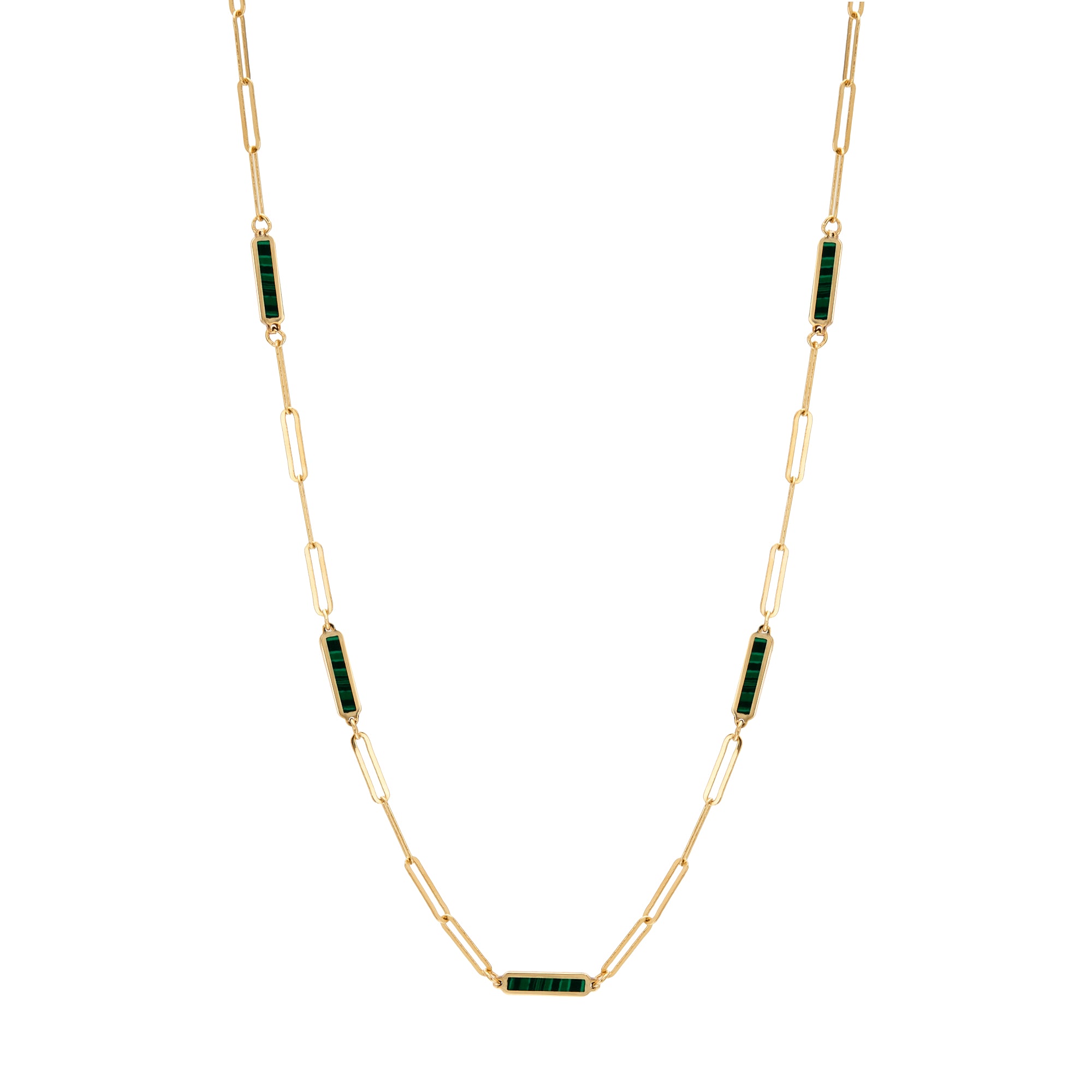 14K Solid Yellow Gold Station Malachite Bar Necklace