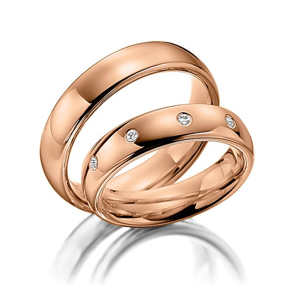 Elegant 5mm rose gold wedding bands for couples featuring round cut diamonds, shiny finish and comfort fit.