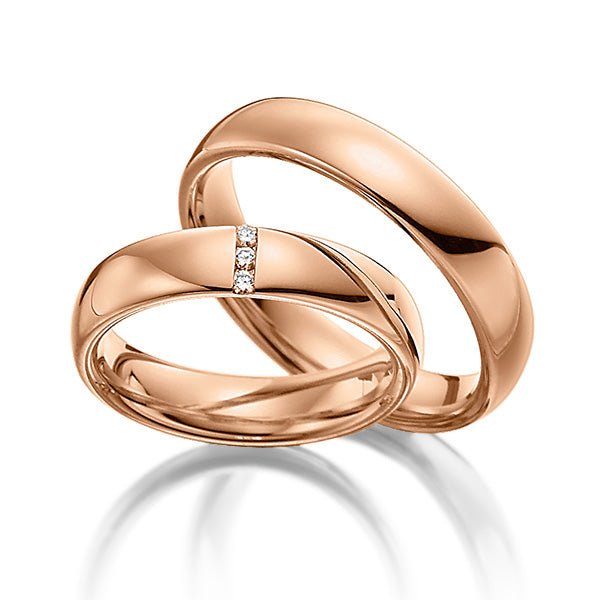 5mm solid rose gold wedding bands with diamonds, polished finish, comfort fit, his and hers rings, 10K 14K 18K options.