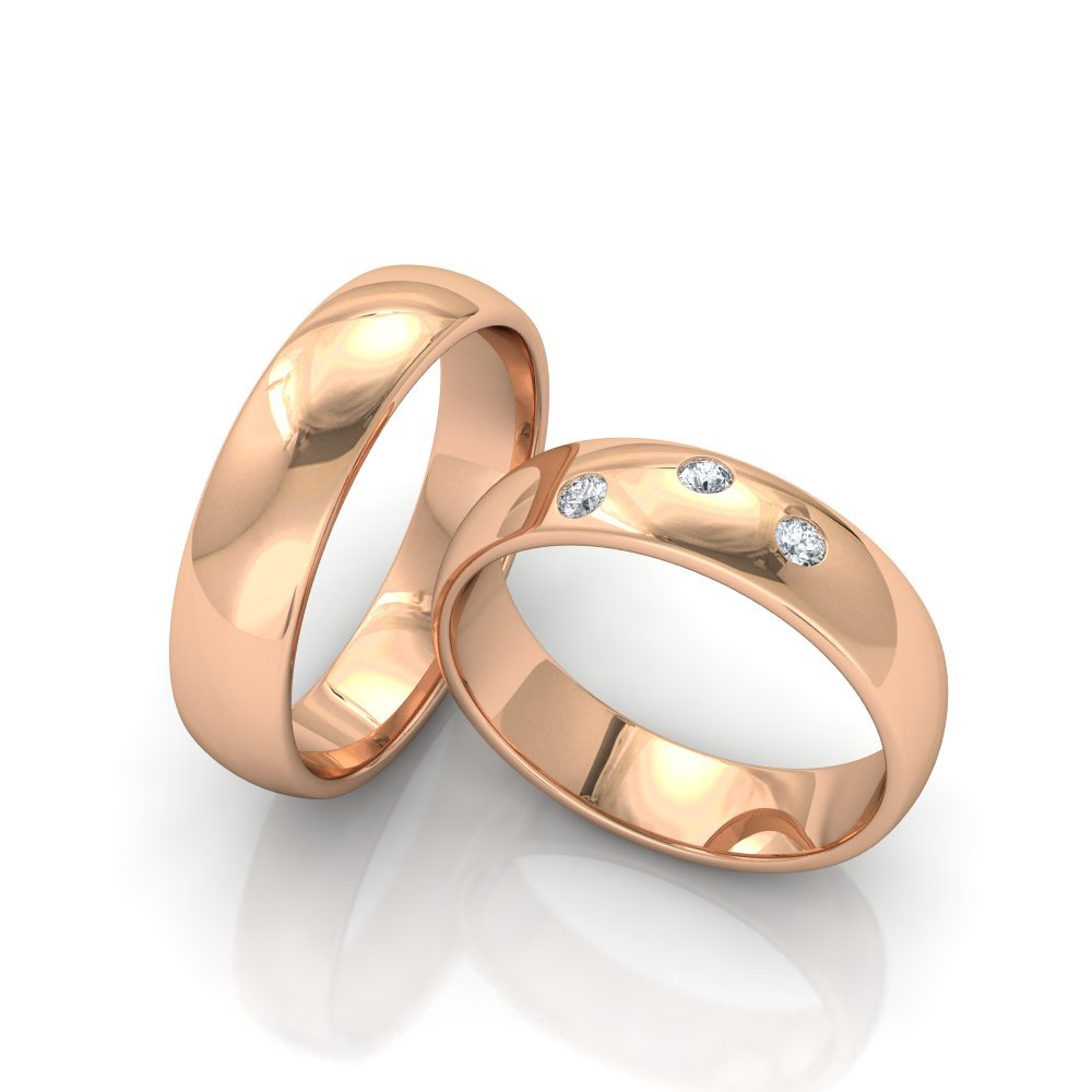 Simple 6mm rose gold his and hers wedding bands with diamonds, featuring shiny finish and comfort fit, crafted in New York.